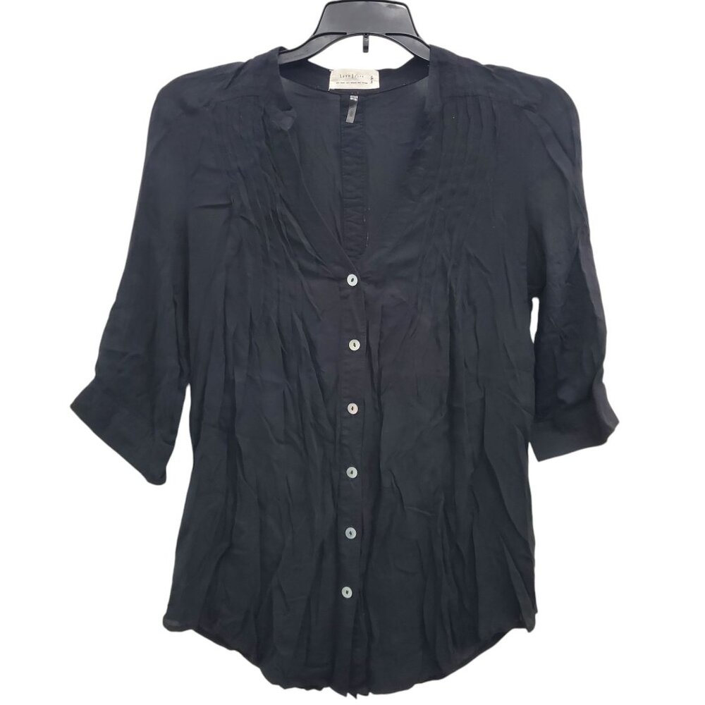 Love Tree Juniors Black Lightweight Double Button Roll Tab Sleeve Hi Low Top M/L